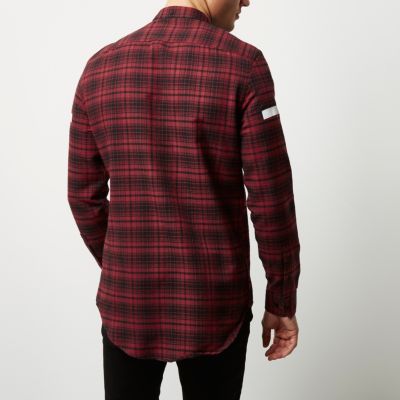 Red check pocket print longline shirt